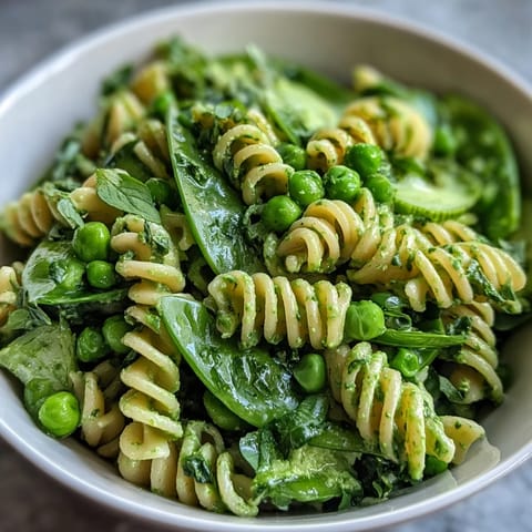 Fresh Spring Green Goddess Pasta Salad with tender peas, crisp sugar snaps, and a lush herb-infused dressing.