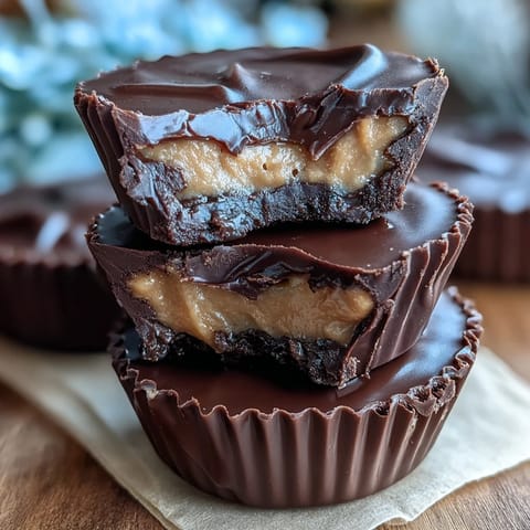 Homemade Reeses Peanut Butter Cups with Dark Chocolate: Rich, glossy dark chocolate cups filled with creamy peanut butter and a hint of sea salt, perfect for a decadent treat.