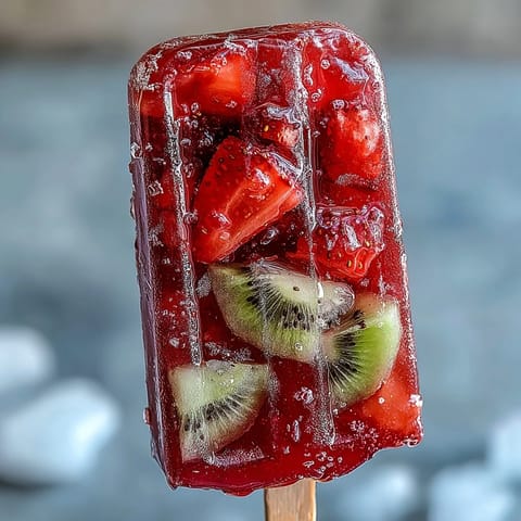 Refreshing strawberry daiquiri popsicles filled with fresh mango, kiwi, and pineapple chunks for a tropical summer dessert.  