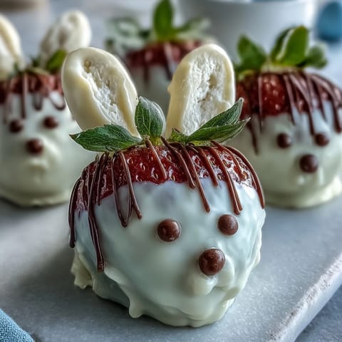 Cute strawberry bunnies with white chocolate coating and pink marshmallow ears, perfect for Easter dessert platters. Adorable chocolate-dipped strawberries decorated as bunnies with candy eyes and pink accents for festive spring treats. Festive strawberry bunny desserts drizzled with dark chocolate and decorated with mini marshmallow ears and candy eyes.