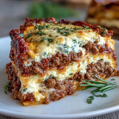 Ultimate Comfort Food Lasagna with Ricotta: A golden, bubbling casserole of tender pasta, rich meat sauce, and creamy ricotta cheese, perfect for family dinners.
