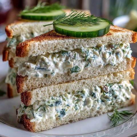 A platter of Derby Party Benedictine tea sandwiches with creamy cucumber and dill spread, garnished with fresh herbs and sliced cucumbers, perfect for elegant gatherings.