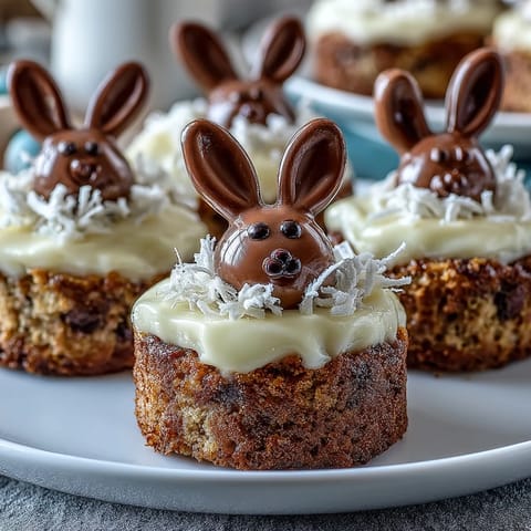 Cute bunny-shaped mini cakes topped with fluffy buttercream and colorful candy details, perfect for an Easter kids' party.  