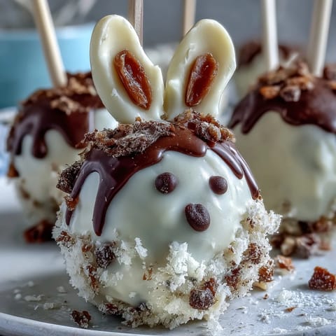 Adorable Easter bunny cake pops coated in smooth white chocolate, decorated with candy ears and whiskers.  