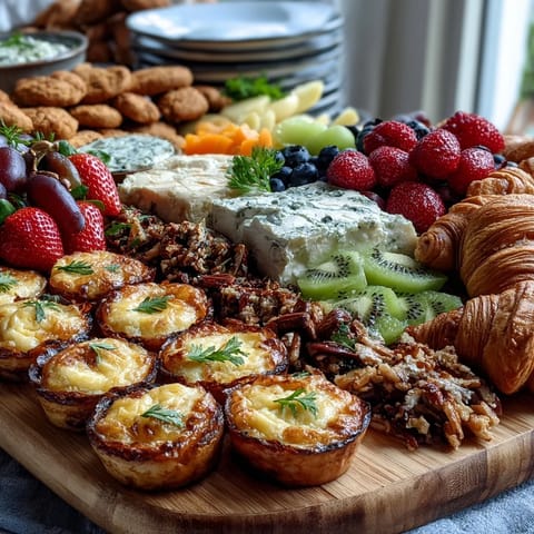 Elegant Mothers Day brunch spread featuring golden mini quiches, colorful berries, and assorted cheeses for a festive celebration.  