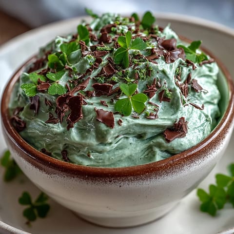 Vibrant green mint dip loaded with chocolate chips and topped with festive shamrock sprinkles, ideal for holiday dessert platters.