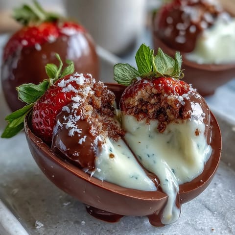 Dubai Chocolate Strawberry Easter Eggs with Crunch Filling, featuring a crisp strawberry-chocolate shell and a nutty, crispy center.