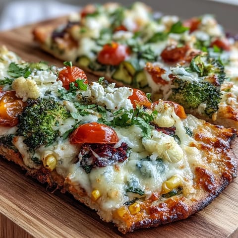Vibrant St. Patricks Day Rainbow Veggie Flatbread Pizza topped with colorful fresh vegetables in rainbow order, mozzarella, and feta cheese.