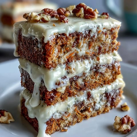 Moist spiced carrot and walnut cake with tangy cream cheese frosting, decorated with walnuts and edible flowers.