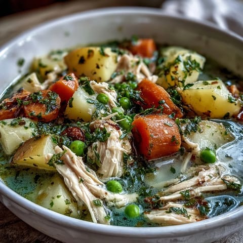 Slow Cooker Chicken Pot Pie Soup with tender chicken, vegetables, and creamy broth in a comforting bowl.