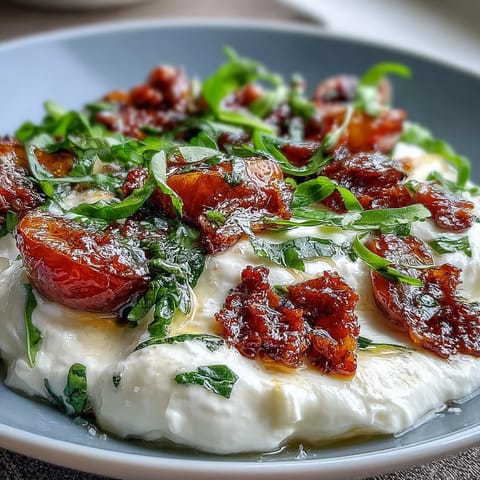 A vibrant honey peach burrata toast with golden sourdough, creamy cheese, and juicy peaches for a fresh spring brunch.