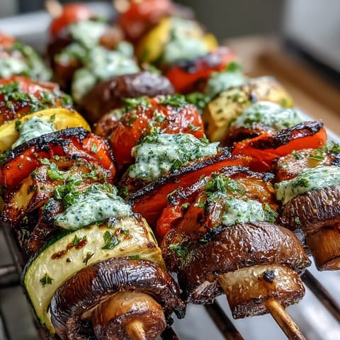 Colorful grilled veggie skewers with bell peppers, zucchini, and mushrooms, served with fresh chimichurri sauce for a vibrant summer dish.  