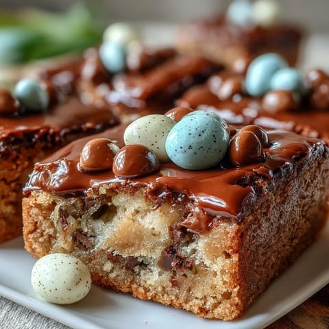 Peanut Butter Easter Egg Cookie Bars with colorful candy toppings, perfect for spring celebrations.