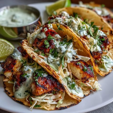 Warm corn tortillas filled with tender coconut milk-marinated fish, zesty slaw, and tangy crema, perfect for summer meals.  