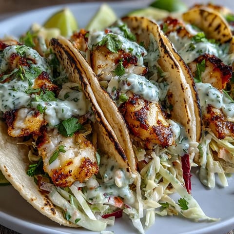 Zesty grilled fish tacos with coconut-lime marinade, topped with crunchy cabbage slaw and creamy coconut lime crema.  