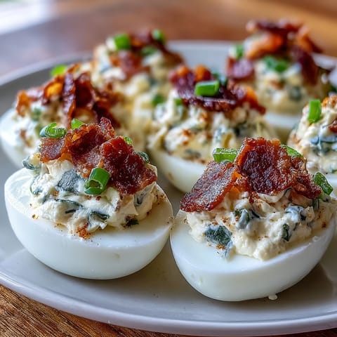 Jalapeño Popper Deviled Eggs with Cream Cheese: Spicy deviled eggs topped with bacon, jalapeños, and cheddar for a bold appetizer.