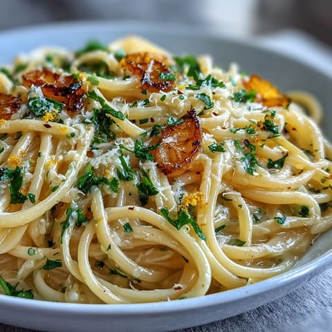 Easy Lemon Butter Pasta in a creamy lemon sauce with fresh parsley and Parmesan on a white plate
