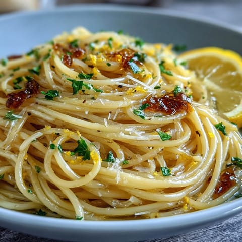 A bowl of Easy Lemon Butter Pasta with silky lemon butter sauce and a sprinkle of Parmesan cheese