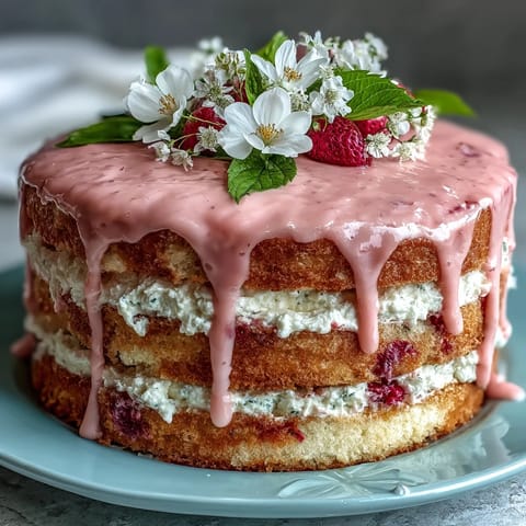 Spring Cake: Floral Drip Cake with Strawberry Frosting, a moist vanilla layer cake topped with creamy strawberry buttercream and a white chocolate drip, decorated with edible flowers.