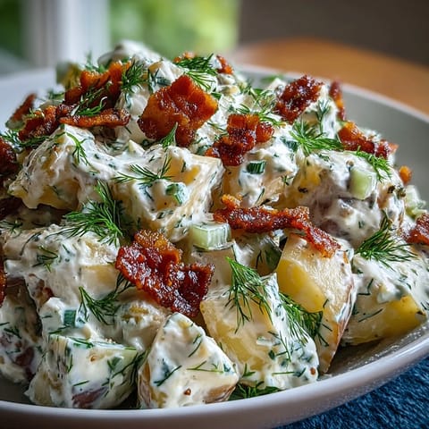 Memorial Day Potato Salad with Dill and Bacon in a white serving bowl, garnished with fresh dill sprigs and crispy bacon crumbles, surrounded by picnic essentials like plates and napkins.