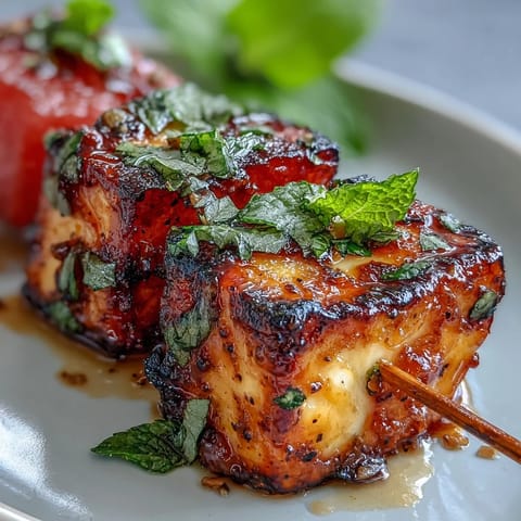 Grilled halloumi skewers with juicy watermelon and fresh mint create a vibrant, summery appetizer perfect for cookouts.