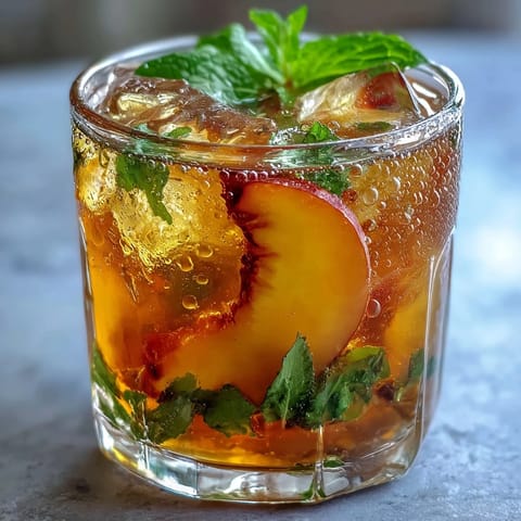 Refreshing iced peach green tea lemonade served over ice, combining green tea, peach syrup, and tangy lemonade in a vibrant drink.  