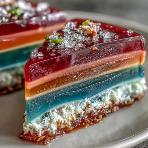 Vibrant rainbow jelly cake with agar-agar layers and creamy coconut cream topping, perfect for colorful dessert spreads.