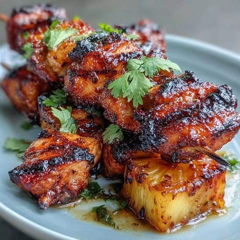 Juicy grilled chicken al pastor skewers with caramelized pineapple chunks.
