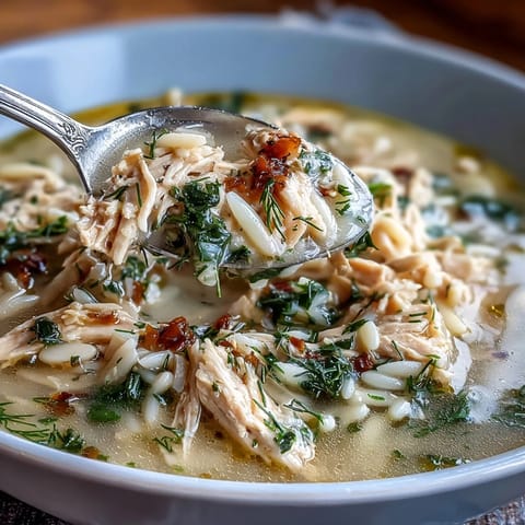 A steaming bowl of Greek lemon chicken soup with tender shredded chicken, orzo, and fresh herbs in a silky lemon broth.