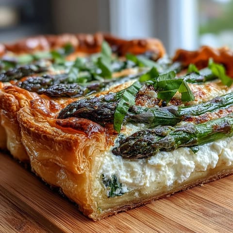 Golden puff pastry tart filled with creamy ricotta, topped with fresh asparagus and lemon zest, perfect for spring brunch.