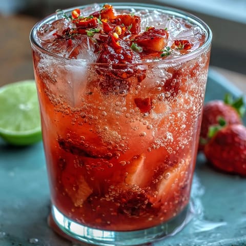 Bright strawberry chili limeade mocktail with fresh lime and a spicy kick.