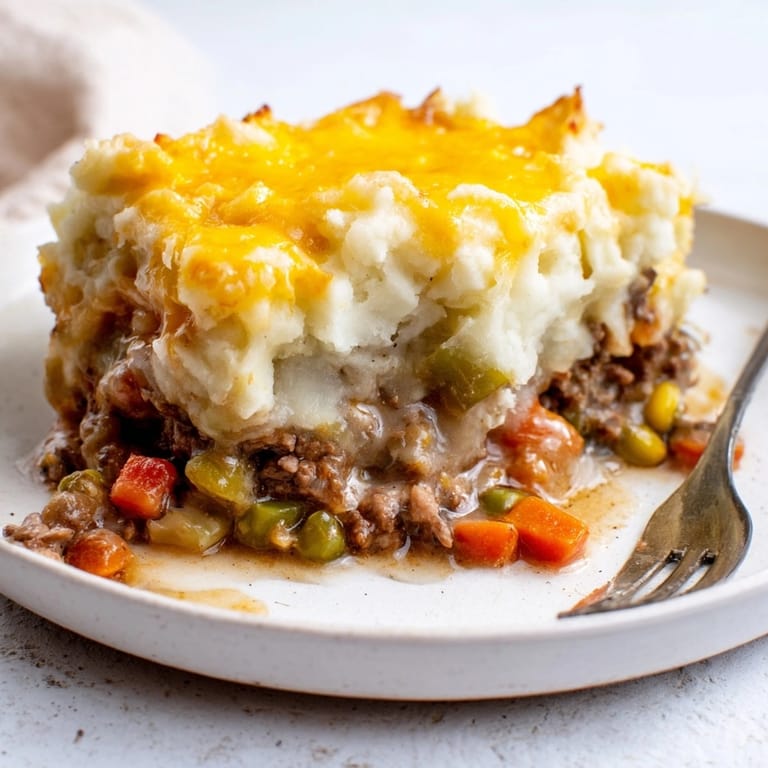 Close-up of savory, hearty Warm Rustic Shepherds Pie, cheesy mashed potatoes melting over lamb.