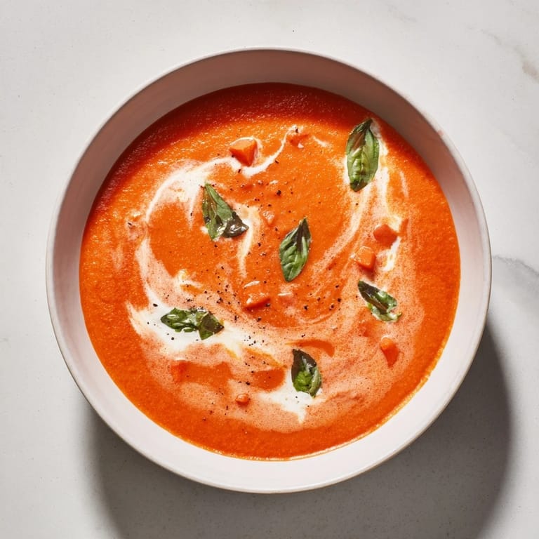 Homemade Whisked Weeknight Creamy Tomato and Basil Soup, served hot, with a vibrant red color and a fragrant aroma.