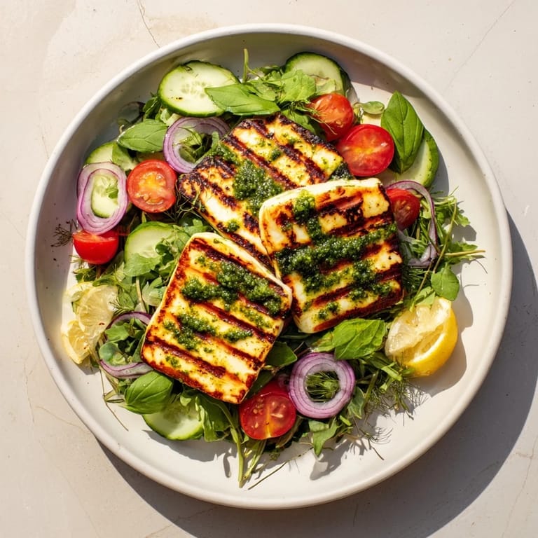 A flavorful grilled halloumi plate features perfectly grilled cheese and vibrant pesto drizzled over fresh greens.