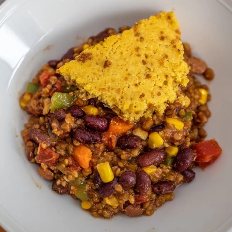 Rich, savory Rustic Wheat-Warm Chili with a cornbread crust, perfect for a cozy dinner.