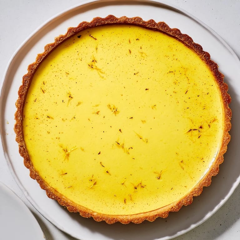 A close-up of a perfectly baked soft golden home plate: saffron and vanilla custard tart shows its rich color.