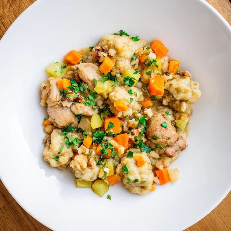 This hearty Nut-Warm Homestyle Chicken and Dumplings features tender chicken with soft dumplings and warm broth.