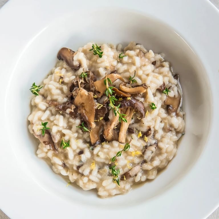 A large bowl of Cedar-Warm Mushroom and Thyme Risotto, with visible mushrooms and golden-hued broth.