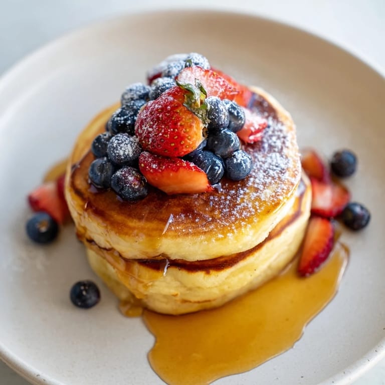 Warm ricotta pancakes, slightly browned, alongside fresh berries for a delicious brunch recipe.