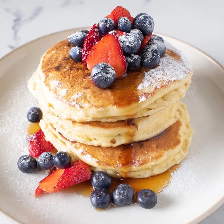Light and airy ricotta pancakes, served hot with a dusting of powdered sugar, perfect for breakfast.