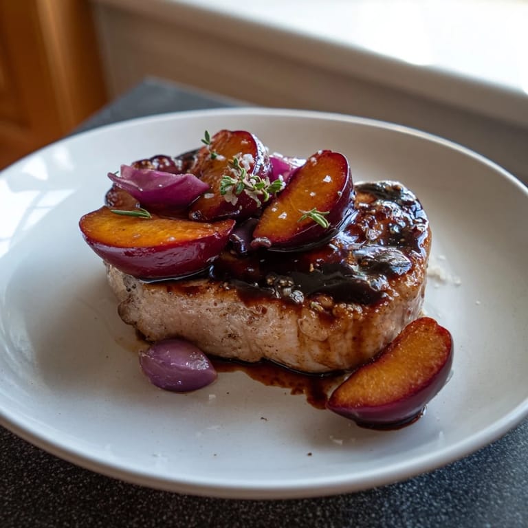 Enjoy a forkful of tender Plum-Soft Pork Chops served with sweet plums and a honeyed glaze.