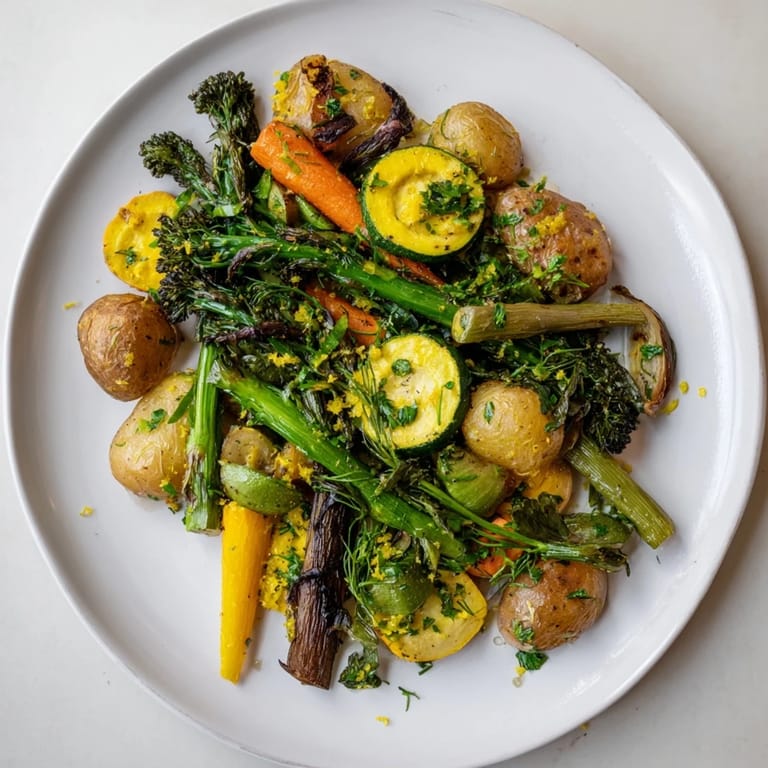 Succulent Light Herb & Fern-Inspired Roasted Vegetable Platter: tender vegetables, herbs, and fern tips arranged beautifully.