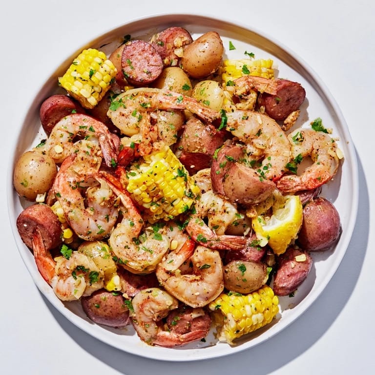 Vibrant image of a freshly plated Seaside-Inspired Shrimp Boil, with butter-drizzled shrimp and lemon wedges.