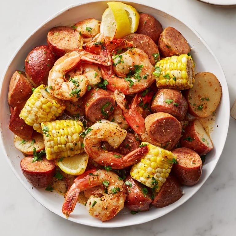 Enjoy a close-up of a flavorful Seaside-Inspired Shrimp Boil, with sausage, potatoes and fresh parsley.