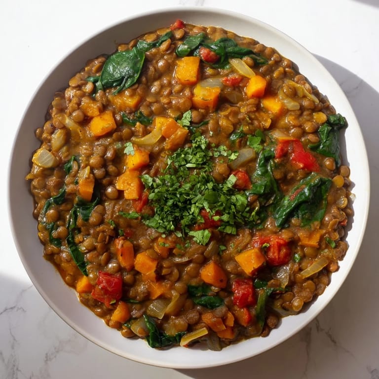 Bright green spinach and tender lentils star in this comforting Lentil and Spinach Curry, a hearty meal.