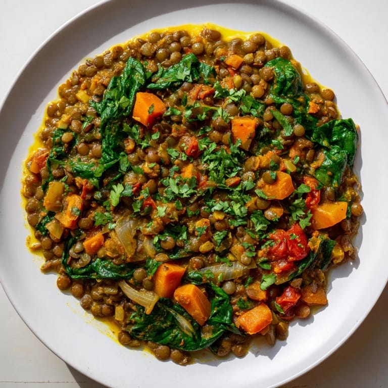 Close-up of golden-hued Lentil and Spinach Curry, a flavorful, vegan-friendly one-pot meal, ready to serve.