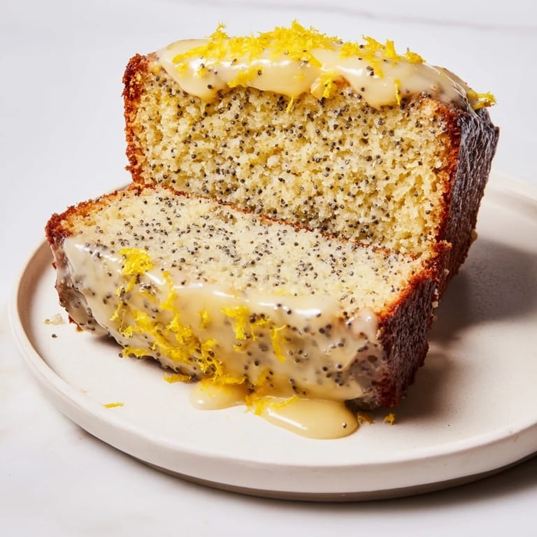 Close-up of golden Glazed Lemon Poppy Seed Cake, ready to be sliced and enjoyed for dessert.