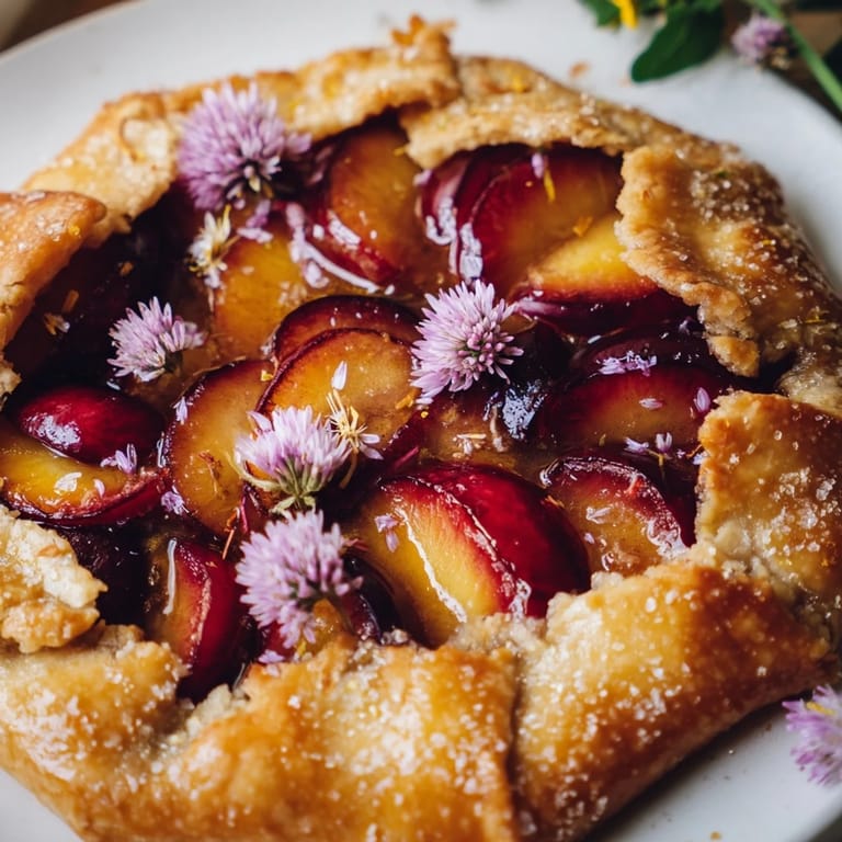 A close-up of a Honey and Plum Galette: rustic charm with a buttery crust and fruit filling.