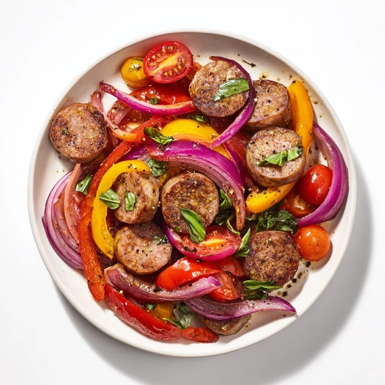 This delicious skillet supper shows perfectly cooked sausage with vibrant basil garnish, ready to serve over pasta.