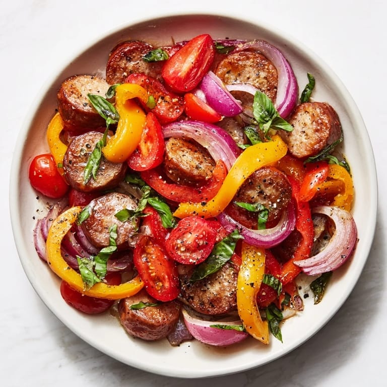 A close-up shot of the Basil-Boosted Sausage and Pepper Skillet Supper, a colorful and easy skillet meal.